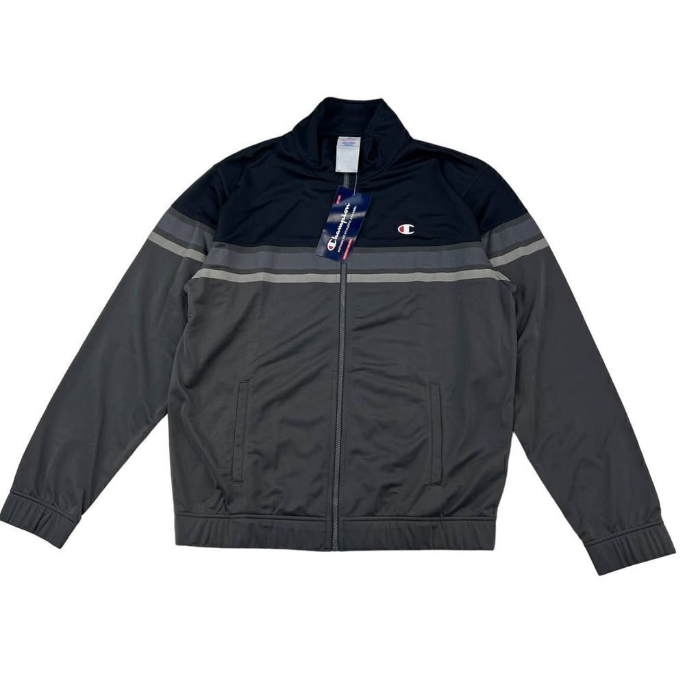 New Champion Men Grey Full Zip Jacket Sport Casual Long Sleeve Collar US XL